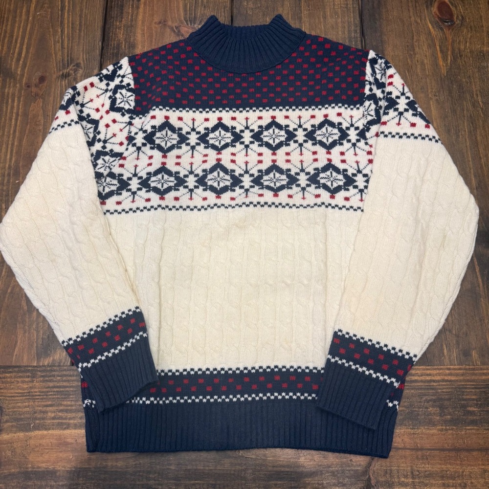 Lord Jeff Vintage Mens Fair Isle Snowflake Cable Knit Sweater Navy Cream Red VTG